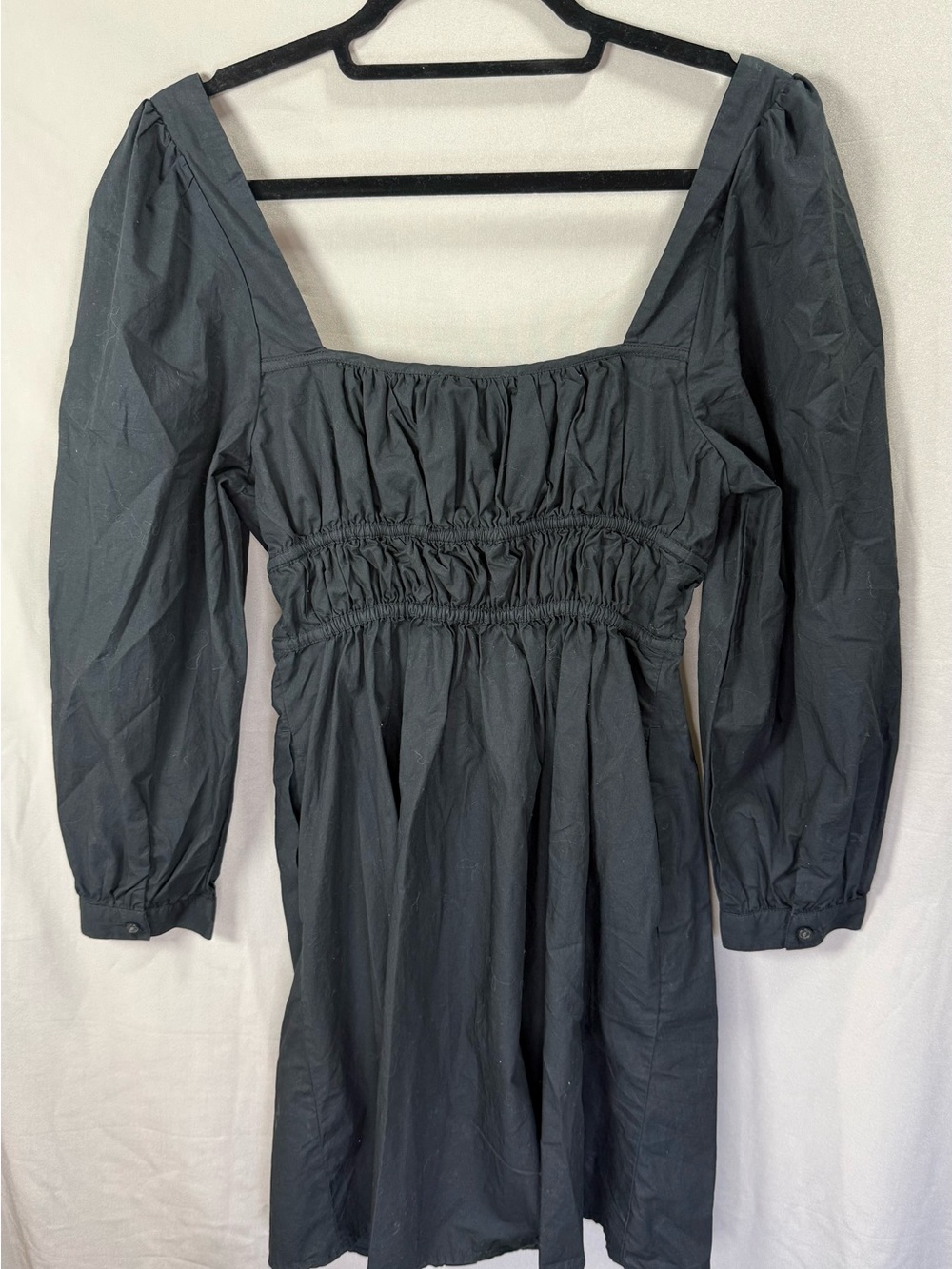 J.Crew Black Puff Sleeve Mini Dress Smocked‎ Waist Cotton Size 2 - Picture 3 of 8